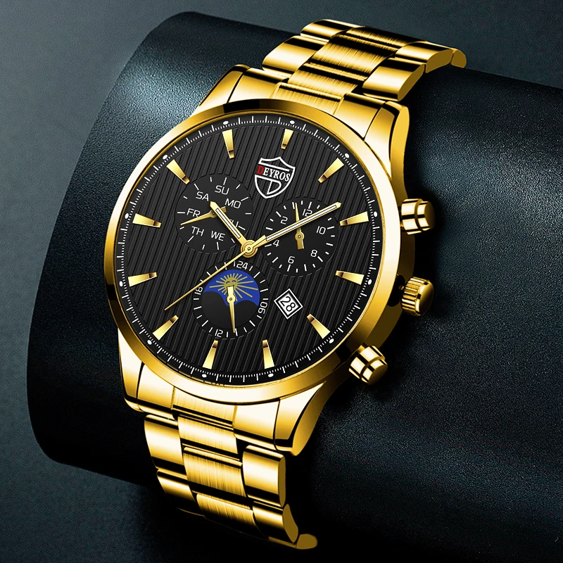 

2022 Fashion Mens Gold Stainless Steel Watches Luxury Men Business Casual Leather Quartz Watch Luminous Clock relogio masculino