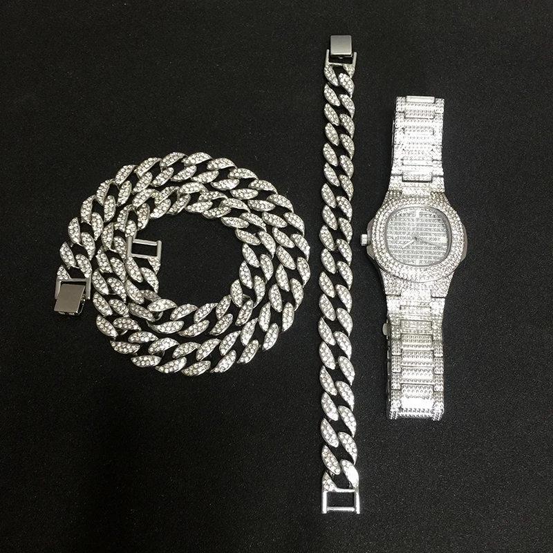 Silver 3pcs set Золотое ожерелье+ часы+ браслет в стиле хип-хоп, кубинская цепочка в стиле «Майями», вымощенные стразы, CZ Bling Rapper для Мужчин, Ювелирные изделия - Окраска металла: Silver 3pcs set