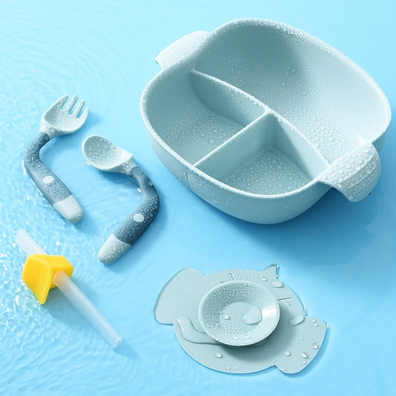 

Baby Divided Plate Bowl Suction Cup Dish Spoon Fork Bibs Straw Tableware Set Infant Learning Feeding Training Dinnerware