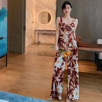 new fashion summer playsuits high quality jumpsuit ladies sleeveless hollow out printed rompers backless bow womens jumpsuit