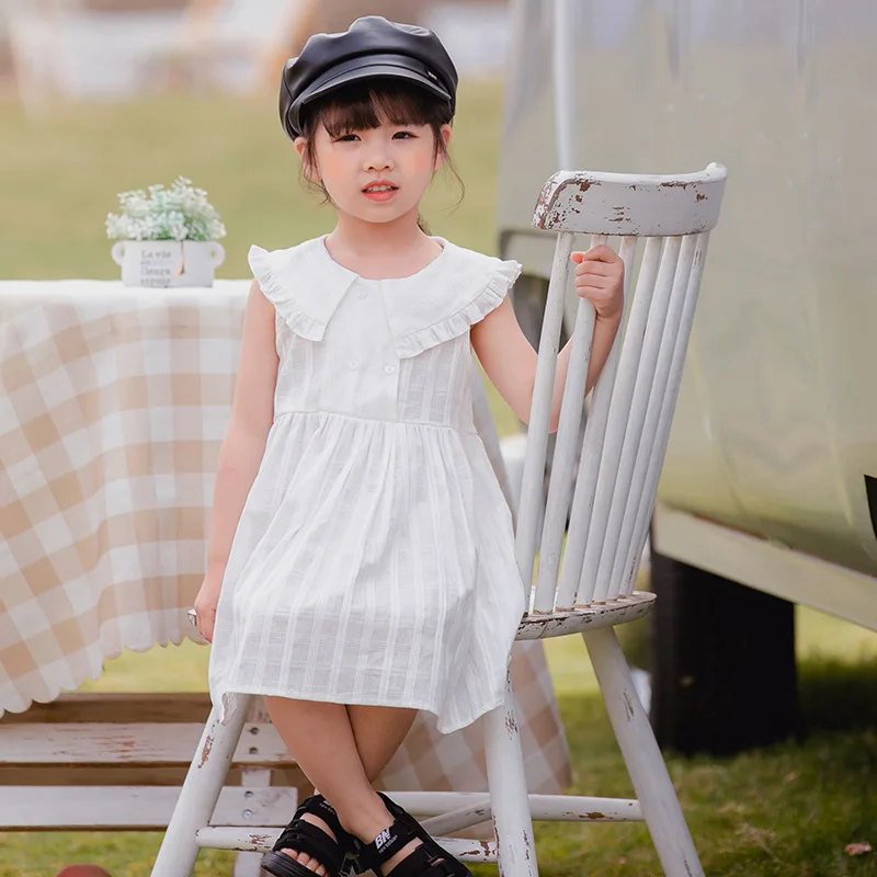 Girls dress 2020 summer new sleeveless double-breasted vest doll pure cotton solid color stitching princess | Детская одежда и