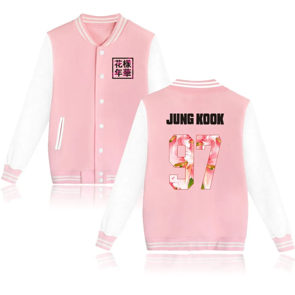 Pink 97 JUNG KOOK Kpop бейсбольная куртка для женщин Bangtan мальчиков альбом цветочный принт, буквы фанатов поддерживающий спортивный свитер Harajuku спортивные костюмы одежда - Цвет: Pink 97 JUNG KOOK