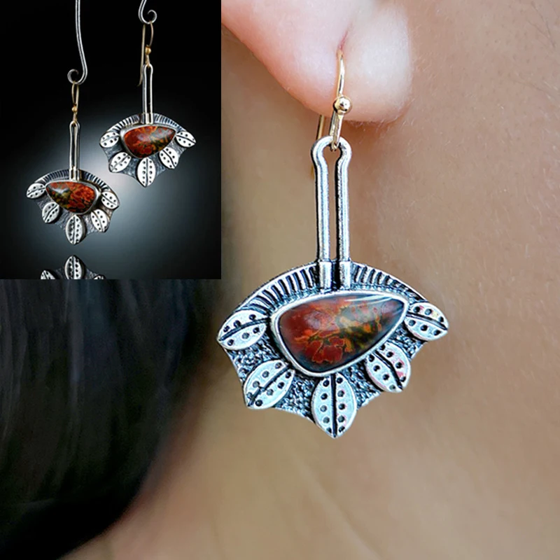 

Autumn Maple Leaves Red Stone Drop Earrings For Women Vintage Fall Handmade Statement Dangle Earring 50D384
