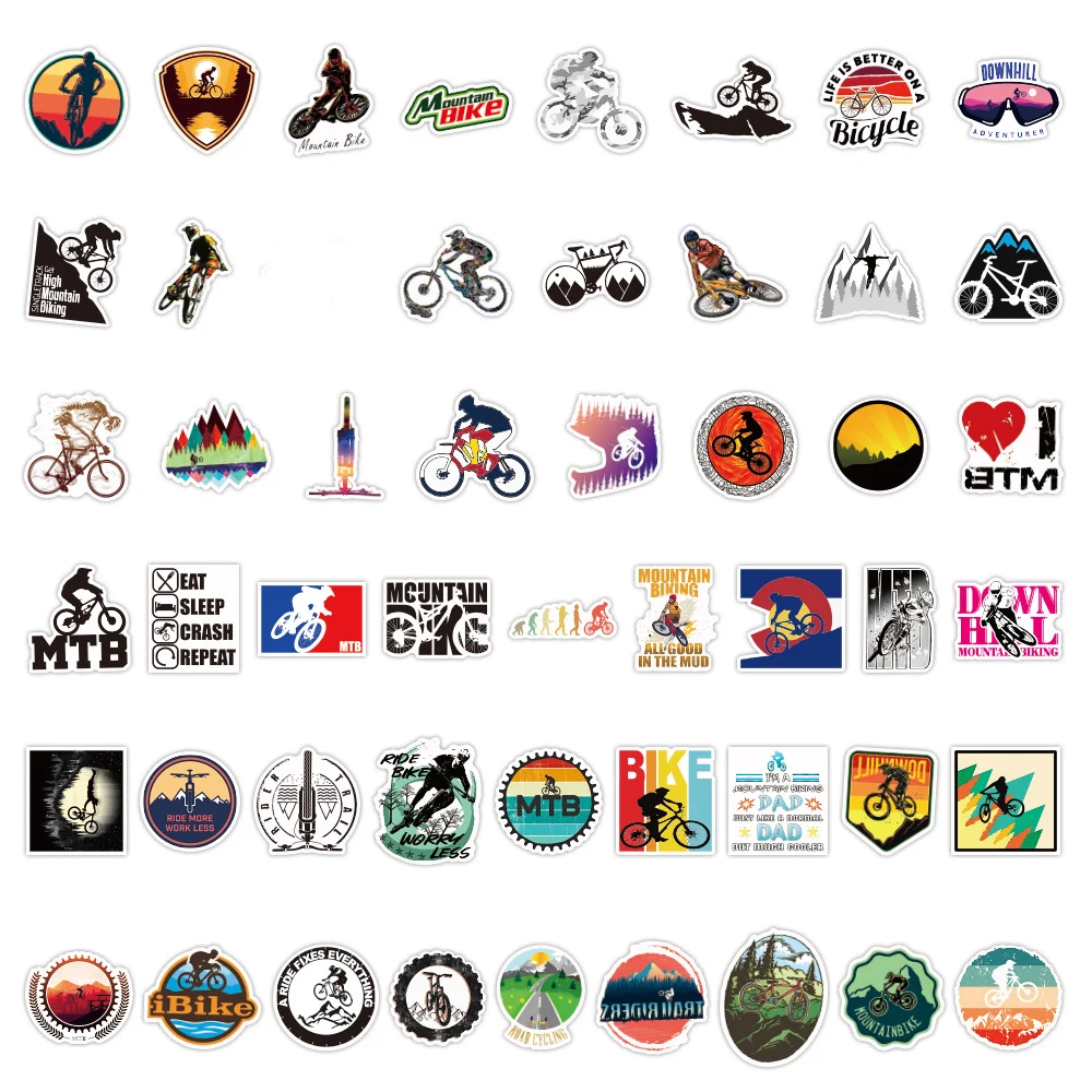 50pcs mountain bike stickers waterproof outdoor mtb bicycle sticker cool for diy laptop pc phone skateboard luggage pegatinas free global shipping