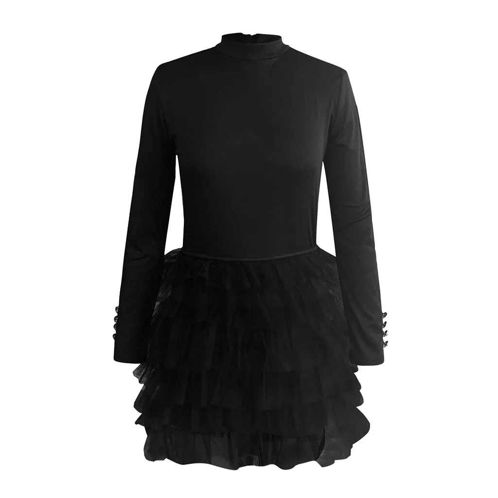 Женское однотонное черное Сетчатое мини-платье на пуговицах с вставками и