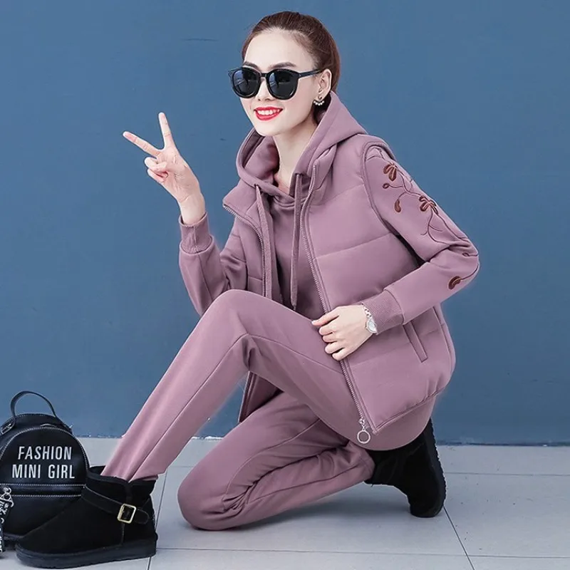 

Winter Women Casual Three Piece Set Hoody Sweatshirt Vest Long Pants Fleece Lining Warm 3pcs Sets Joggers Outfits Suit Clothes