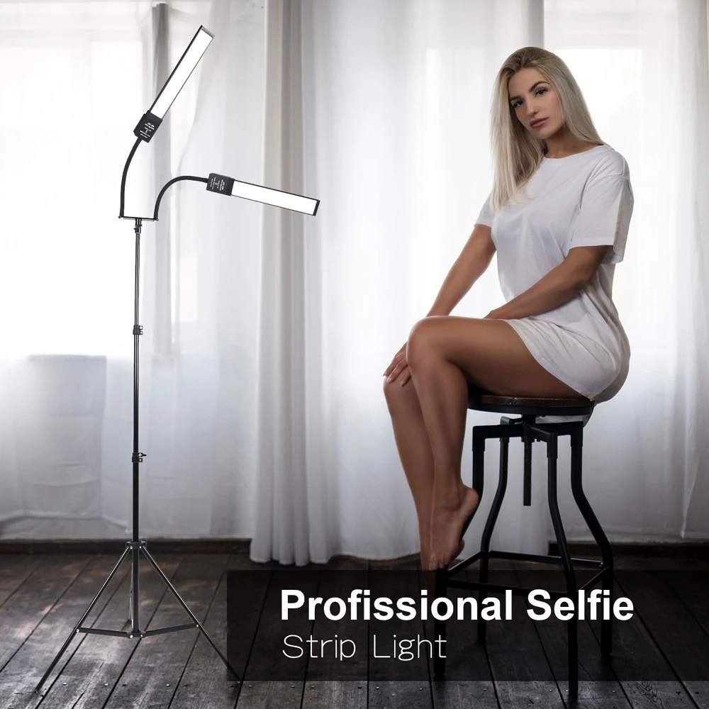 

Photo Studio Double Arms Fill LED Strip Light 3200-5500K LED Bulb Dimmable LED Stepless Strip Light with 2m Tripod For Youtube