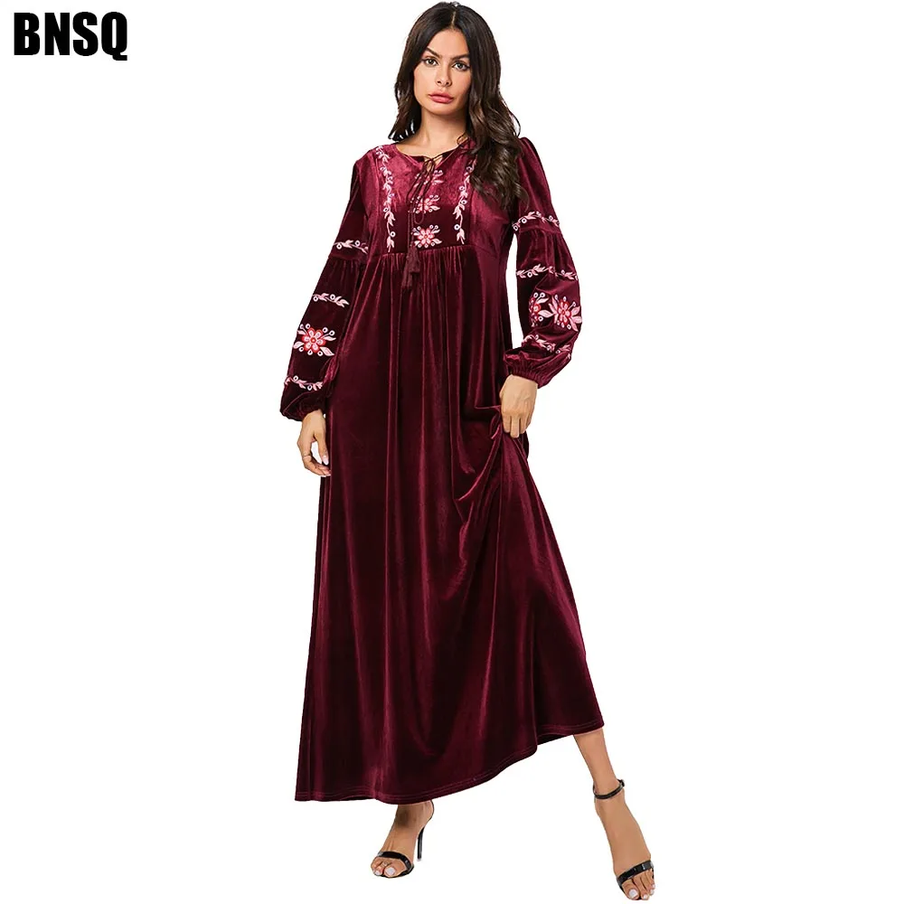 BNSQ арабское Золотое бархатное платье с вышивкой абайя зимнее винно красное