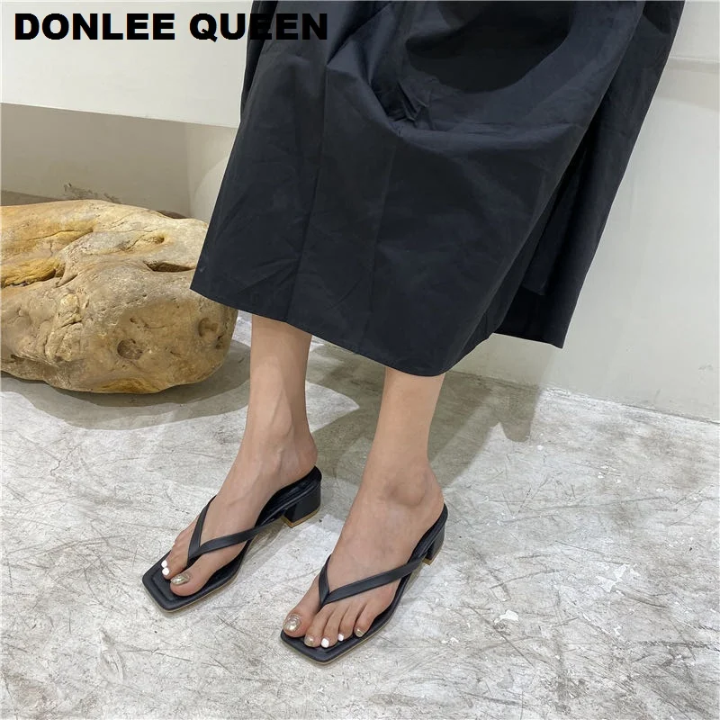 2020 New Fashion Square Toe Heels Slippers Women Slip On Slides Narrow Band Sandal Summer Shoes Beach Flip Flops Outdoor Slipper | Обувь