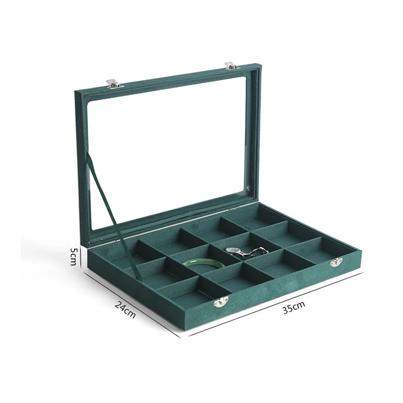 Fashion Green Style Suede Jewelry Organizer & Display With 12/14 Cells Multi-purpose Large Capacity Velvet Jewelry Box With Lock