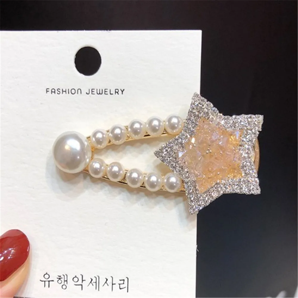 

Star Hairpin Korean Side Clip Crystal Pearl Top Clip Side Flash Diamond Clip Wild Hair Accessories Hair Pins