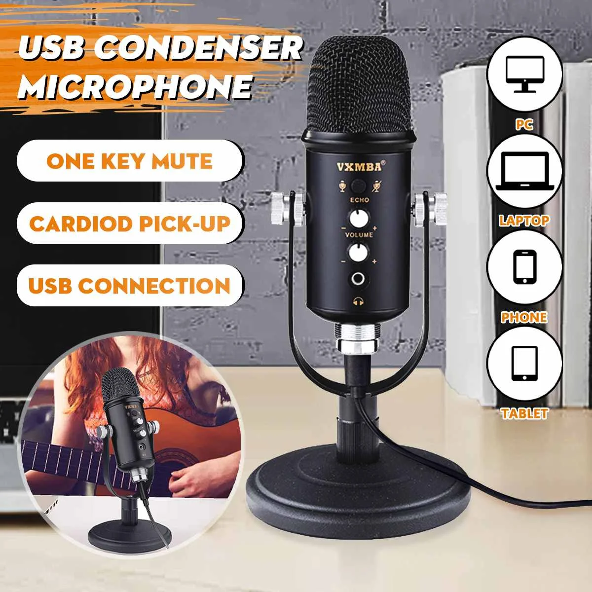 

USB Condenser Microphone Karaoke Mic Stand Noise Reduction Mute Recording Mic Computer PC Live Streaming Gaming Video Conference