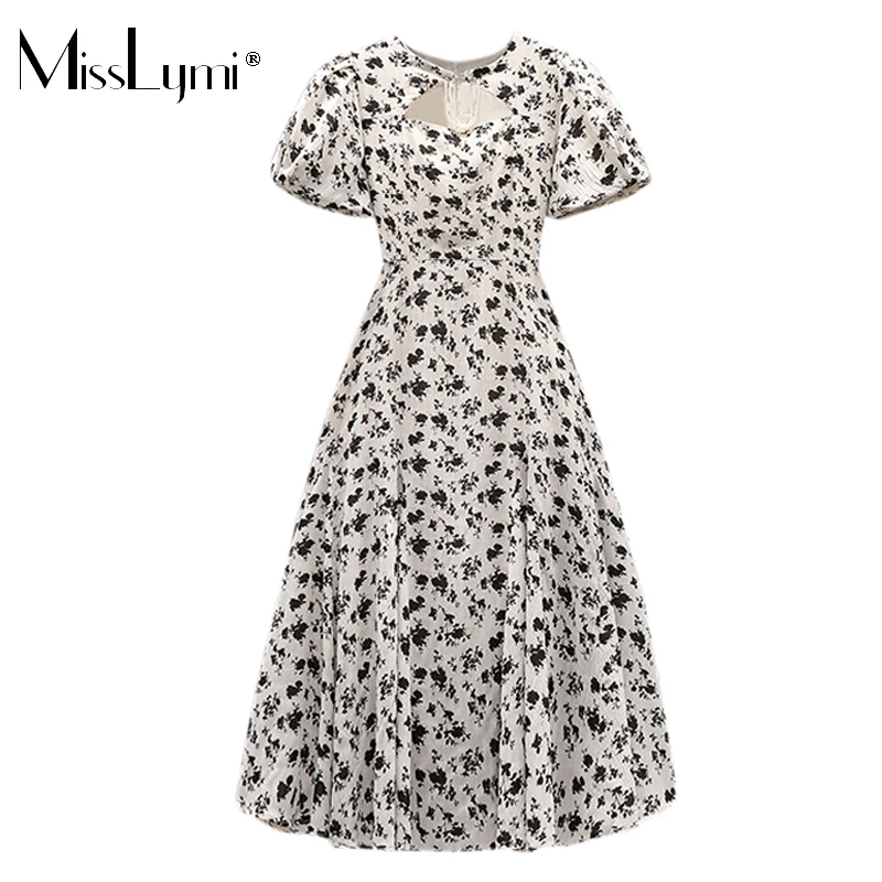 

L-4XL Plus Size Women Vintage Puff Sleeve Floral Printed Lacing Bow Midi Dress Summer 2021 French Elegant Beaded Chiffon Dresses