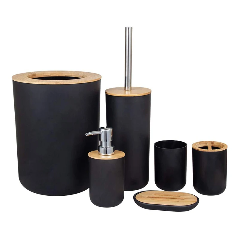 Bathroom Accessories Set Bamboo Plastic Bathroom Kit Toothbrush Cup, Soap Dispenser, Soap Dish, Toilet Brush Holder,Trash Can