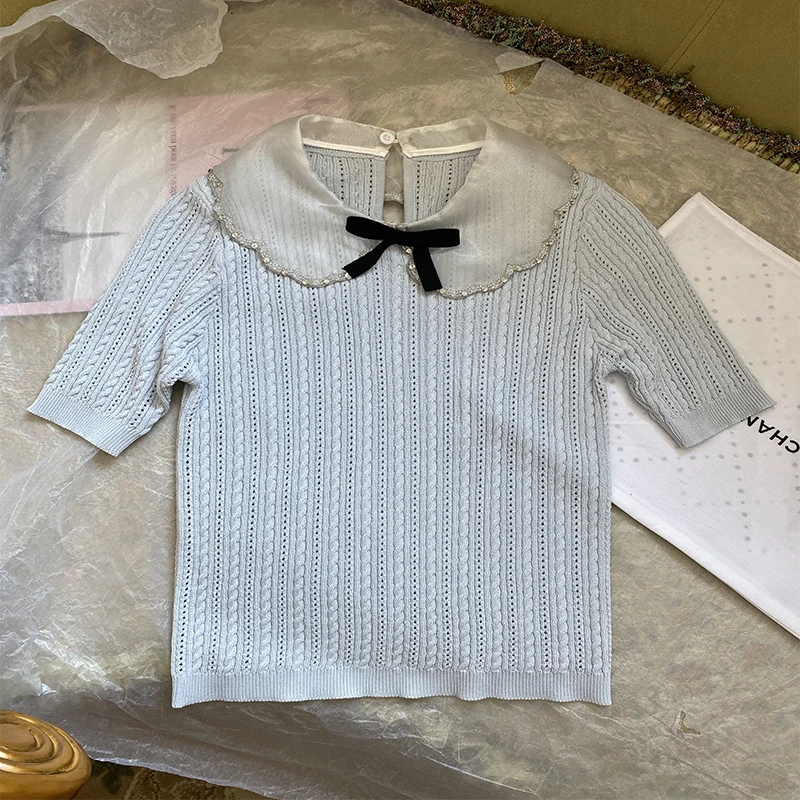 Женская трикотажная футболка с кукольным воротником и короткими рукавами модный