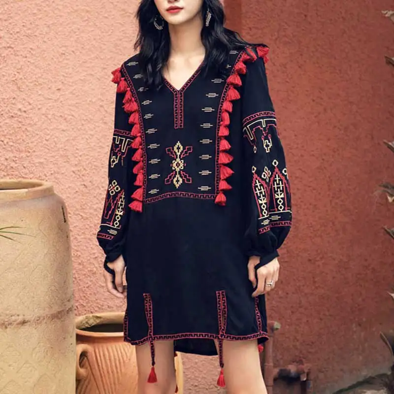 Boho Inspird женская блузка рубашка Ретро Народная украинская вышивка блузки в богемном стиле бахрома с кисточками Топ с длинным рукавом льняные блузы