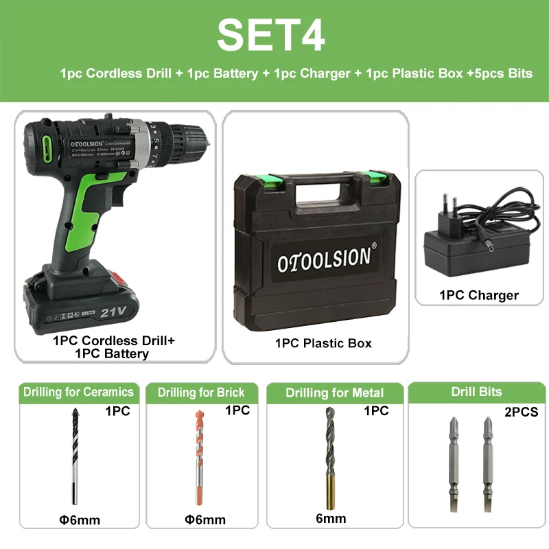 SET4 (1 pc battery) 21 в 12 В перезаряжаемая отвертка, Аккумуляторная дрель, электрические инструменты, шуруповерт, зарядная электрическая отвертка, набор+ запчасти для дрели - Цвет: SET4 (1 pc battery)