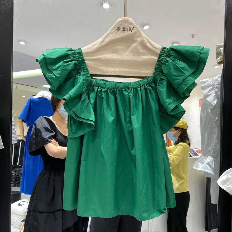 Женская однотонная блузка из хлопка и льна с оборками рубашки квадратным вырезом