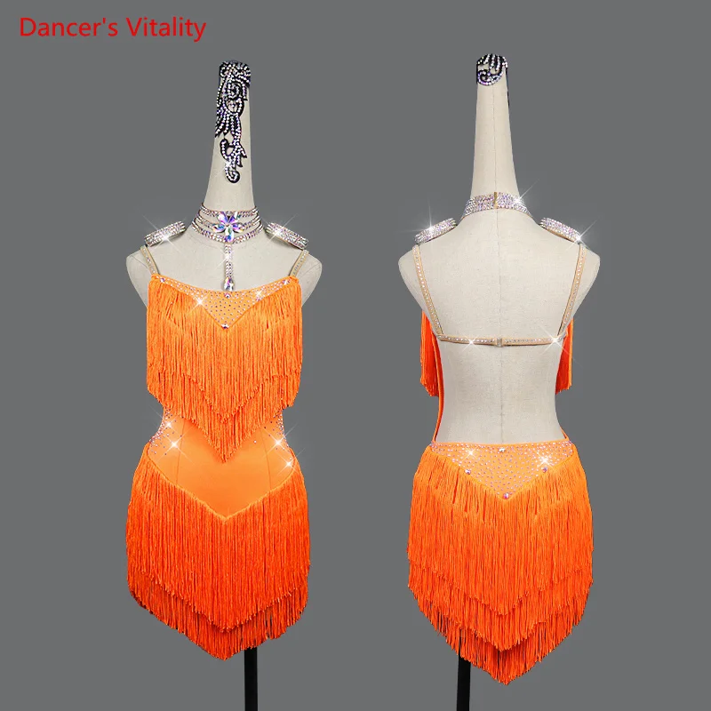 Женское платье для латиноамериканских танцев красное с бахромой и кисточками