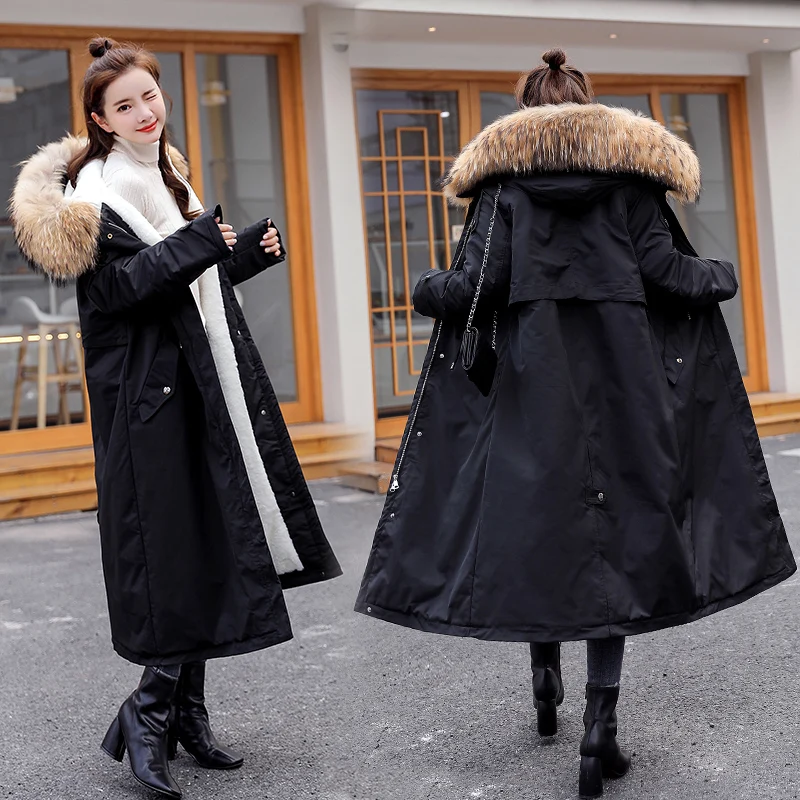 30 градусов зимняя одежда X-long parkas зимняя куртка женская меховая куртка с капюшоном Женское пальто с подкладкой из пуха Толстая зимняя куртка женская одежда - Цвет: Черный