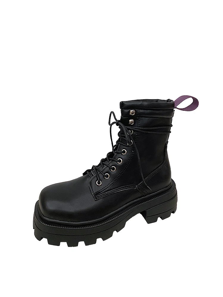 

Rimocy Gray Black PU Leather Ankle Boots Women Autumn Winter Round Toe Lace Up Shoes Woman Fashion Motorcycle Platform Botas