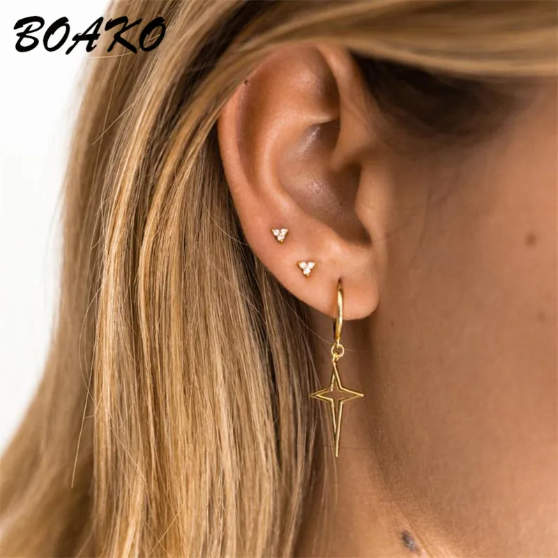 Женские маленькие серьги гвоздики BOAKO в три точки из настоящего серебра 925 пробы с