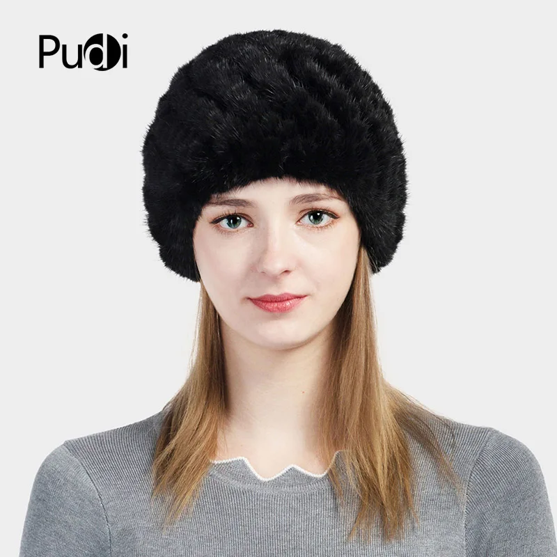 Pudi HF702 женские головные уборы вязаная меховая шапка из натуральной норки кепки 2017