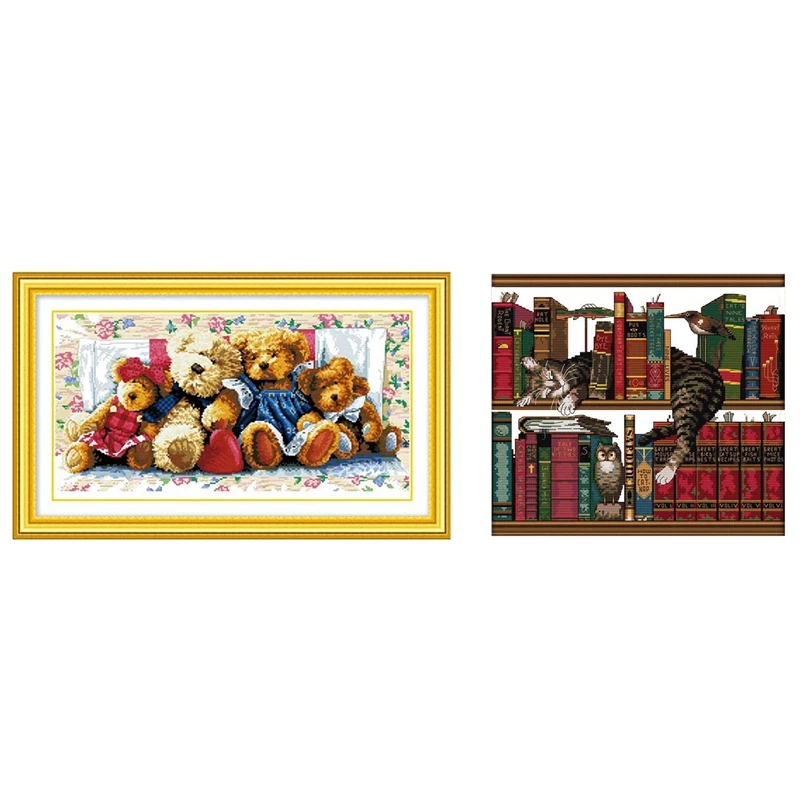 Пошив Счетный крест вышивка Медвежонок семейный Дизайн &amp 14CT кошка на книжной