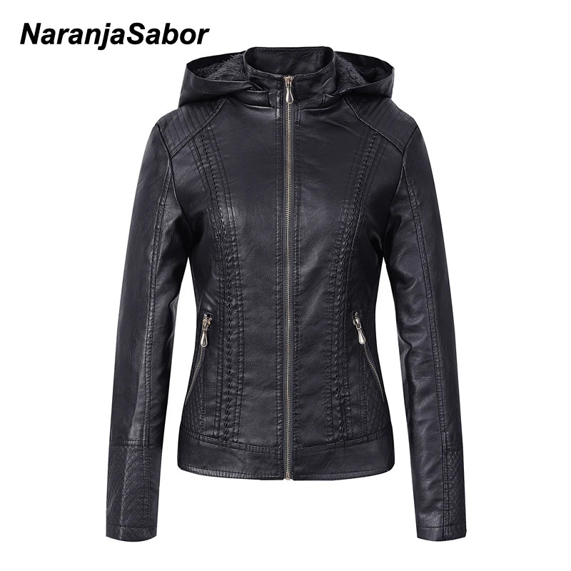Женская куртка из ПУ кожи с капюшоном Повседневная приталенная флиса NQ012 для
