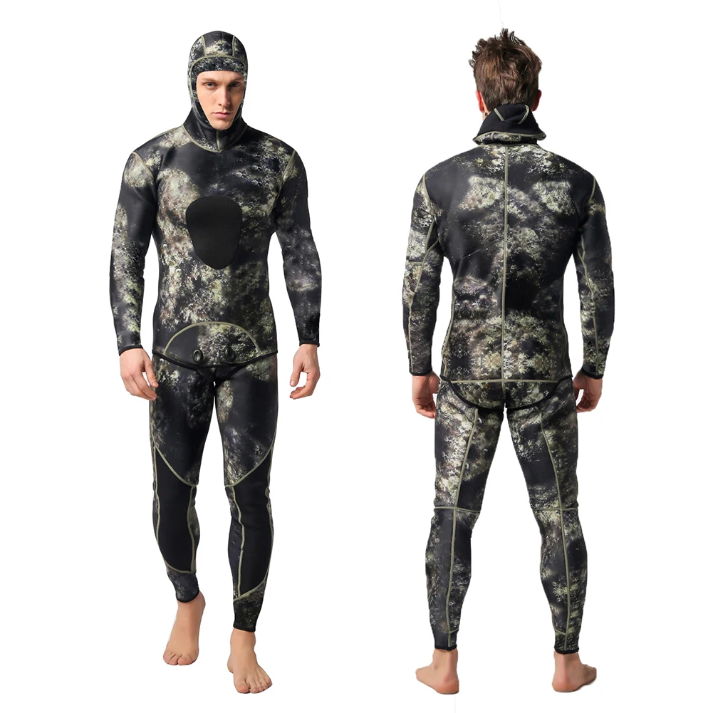 

Neoprene Camouflage Wetsuit Two-Piece Keep Warm Men Hooded Swimming Scuba Diving Bathing Suit Long Sleeve for Surf Snorkeling