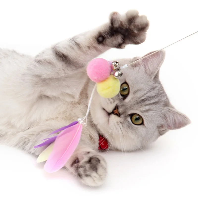 

Cat Interactive Toy Stick Feather Wand With Natural feathers Cage Toys Artificial Colorful Cat Teaser Toy Supplies