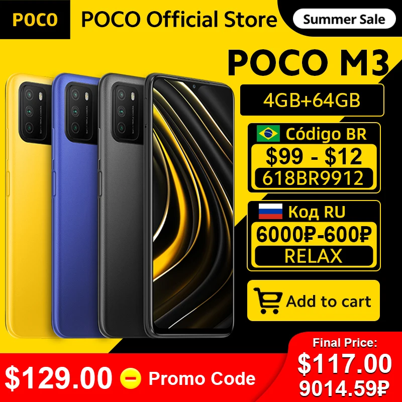  In Stock Global Version POCO M3 Smartphone Snapdragon 662 Octa Core 4GB RAM 64GB ROM 6000mAh Battery Mobile Phone 48MP Camera 