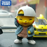 tomy 8cm pokemon cute anime pikachu denim clothes action figure cosplay pocket monsters car decoration model gift toys for kids