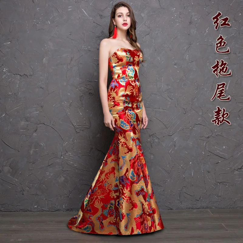 

Golden Dragon Mermaid Wedding Traditional Dresses Women Cheongsam Chinese Style Long Qipao Evening Gowns Satin Dress