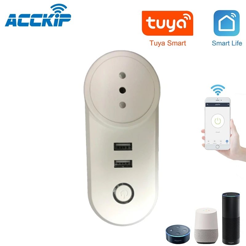 ACCKIP умная розетка Wifi Италия Чили монитор питания 16A Tuya Alexa Google Home с 2 USB адаптер для