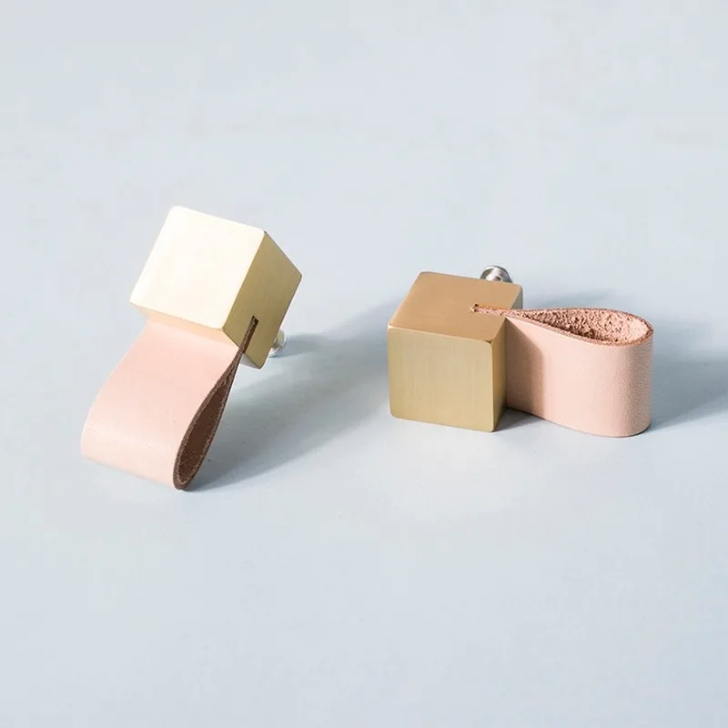 

Macaron color/ leather+ brass knob Dresser Drawer Knobs Pulls Handles / square Knobs Furniture Cabinet Handle Pull Hardware