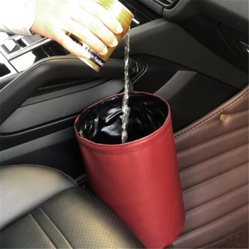 

Car Trash Can Foldable Leather Leak Proof Waterproof Car Dust Bin Bucket Hanger Garbage Container Pocket Auto Clean Accessories
