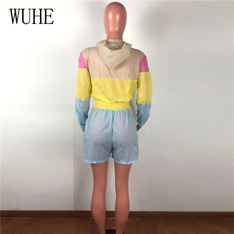 

WUHE Sunscreen Loose Jumpsuit Long Sleeve Stitching Color Patchwork Zipper Up Hooded Pockets Casual Club Sport Shorts Bodycon