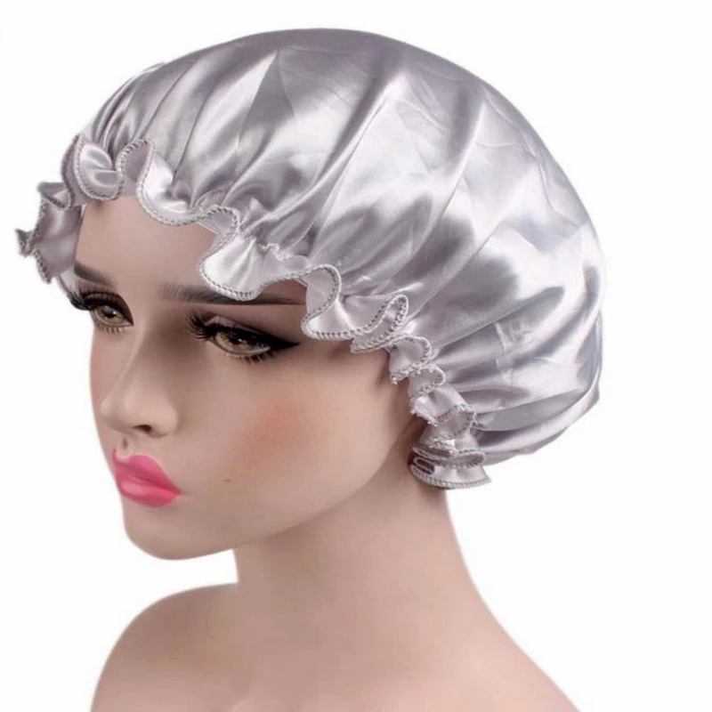 sliver color Новые модные женские туфли для взрослых душ Кепки s Для женщин атласная ночная рубашка сна Кепки волос шляпа Шелковый головных уборов широкий Эластичная лента для взрослых душ Кепки s - Цвет: sliver color