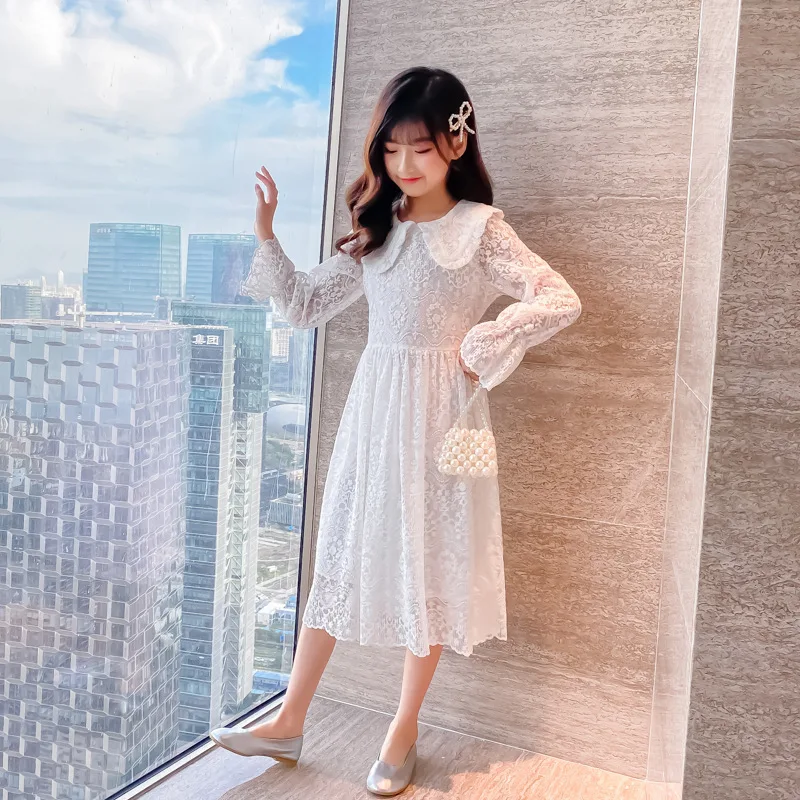 

Teenage Girls Spring 2021 New Lace Princess Dress Children Korean Style Mid Length Elegant Party Clothing Fashion Sweet, #9321