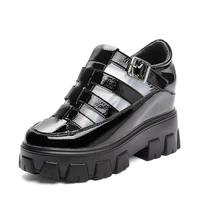 2021 platform wedges sandals real leather mid heel shoes t strap round toe female footwear buckle sandals summer black new