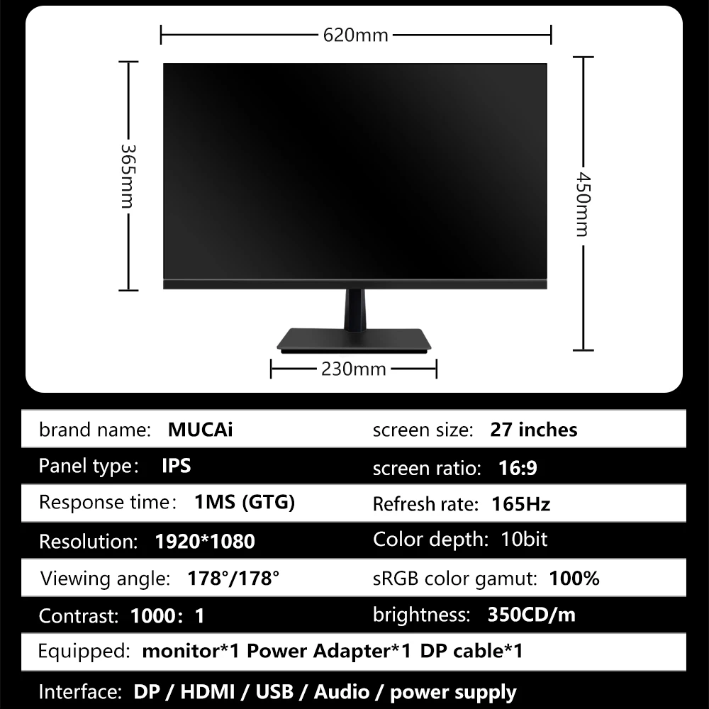 Beste Mucai 27 Inch Monitor 144Hz Lcd Display Hd 165Hz Desktop Ips Gaming Computer Scherm Flat Panel 1920*1080 Reactie 1Ms Hdmi/Dp