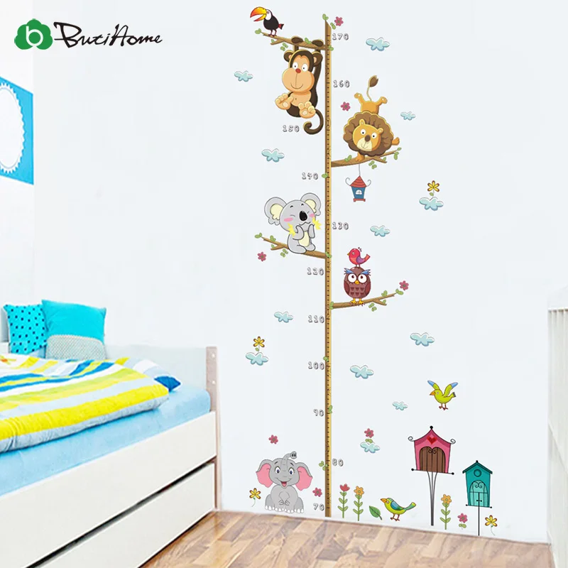 Мультяшные животные Лев обезьяна Сова слон измеряющая рост Наклейка на стену для