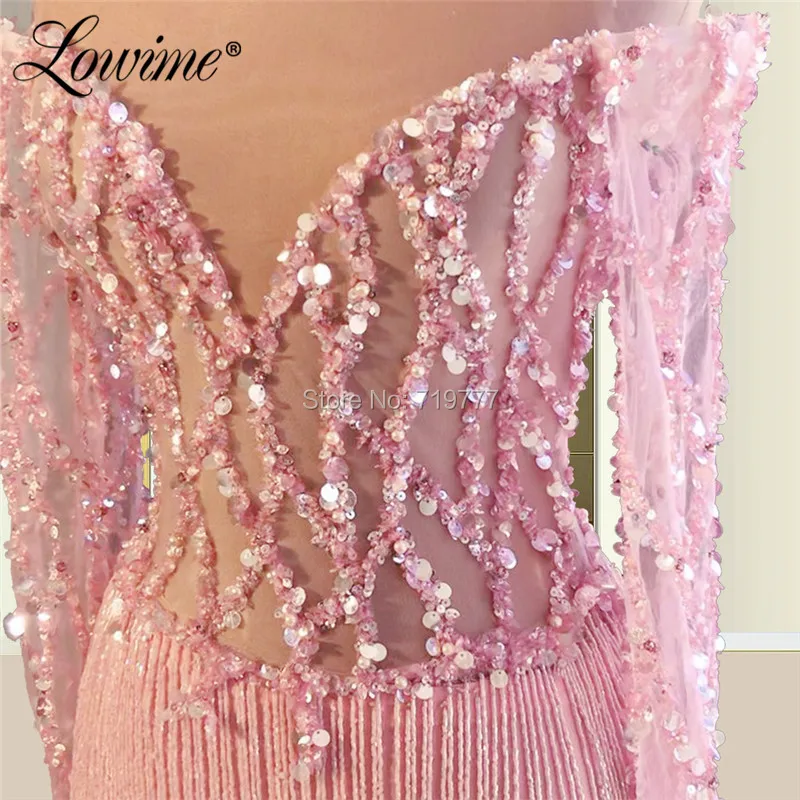 Pink Tassel Beaded Off The Shoulder Evening Dress Handmade Sequins Arabic Party Gown 2020 Customized Prom Dresses Robe De Soiree