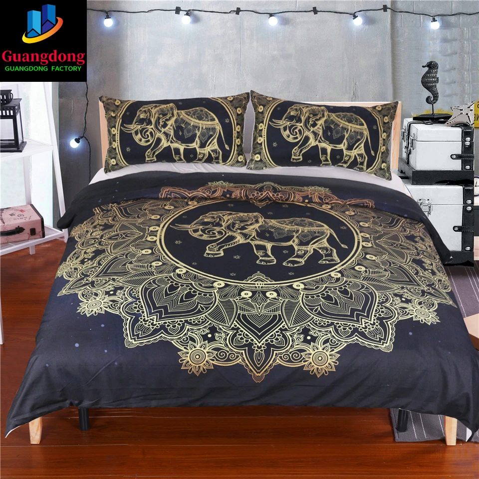 

3D Tribal Elephant Bedding Set Golden Mandala print Ethnic style Black Bedclothes Duvet Cover Sets Indian Symbol Home textile