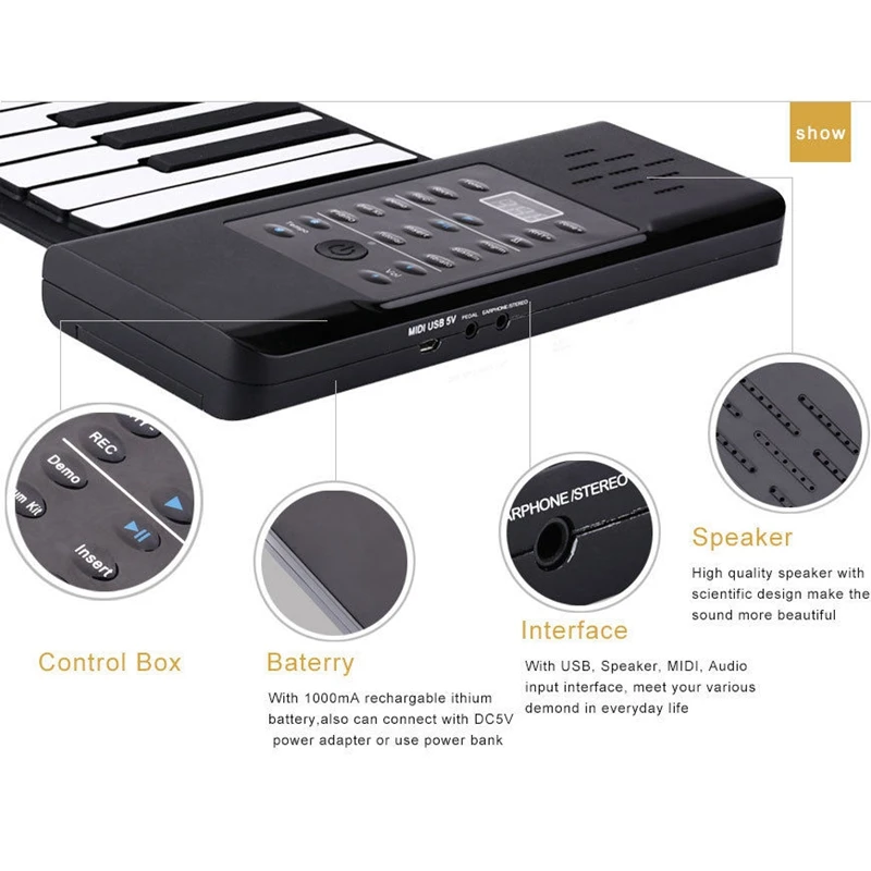 

Portable 88 Keys Electronic Roll Up Piano Flexible Silicone Hand Roll Keyboards,Us Plug