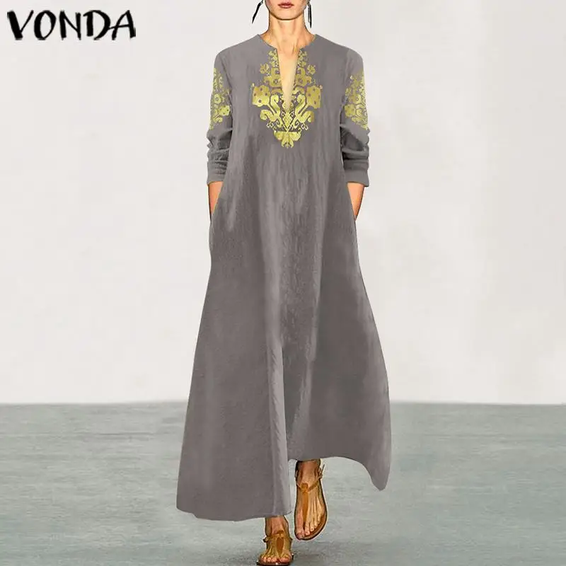 VONDA Maxi Long Dress Womens Cotton Vintage Printed Robe Femme Casual Loose Sundress Autumn Sexy V neck Party Vestidos Plus Size