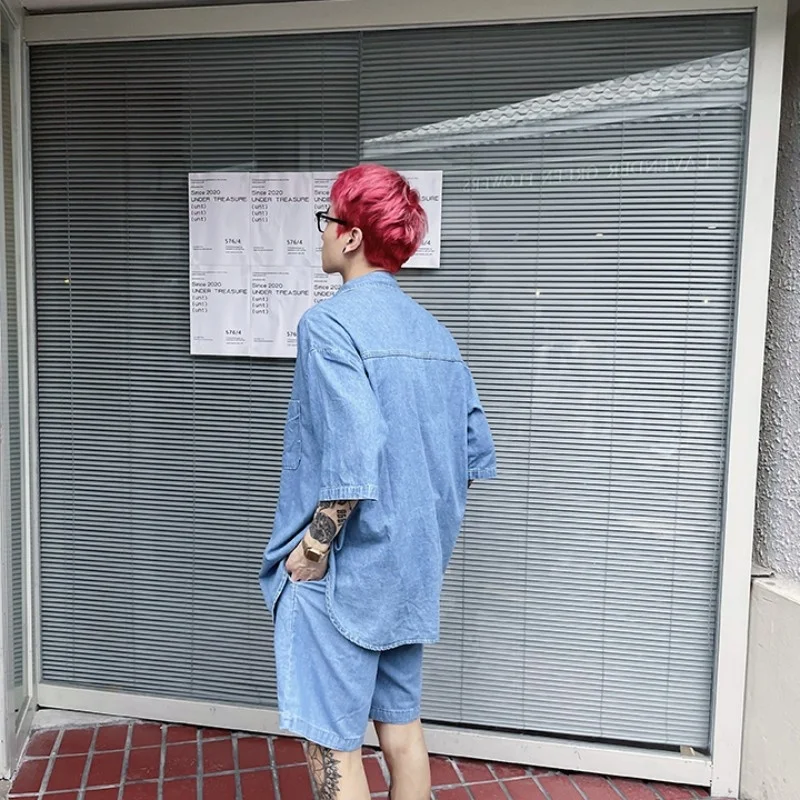 Джинсовый костюм мужской свободного покроя винтажная рубашка из денима с