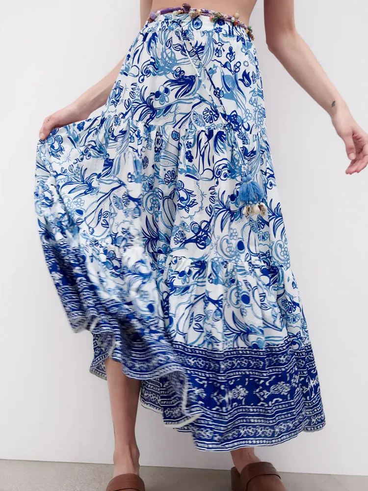 

new women's clothing temperament youthful wild retro ethnic style sweet beach holiday style printed skirt