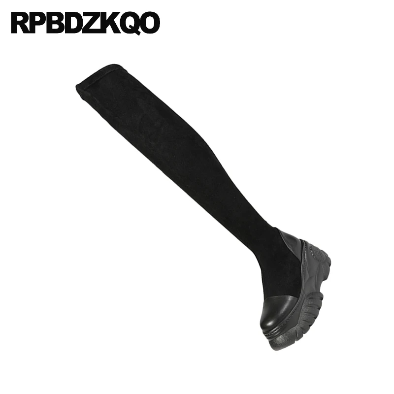 Замшевые облегающие Женские сапоги до бедра высокие на платформе с высокой